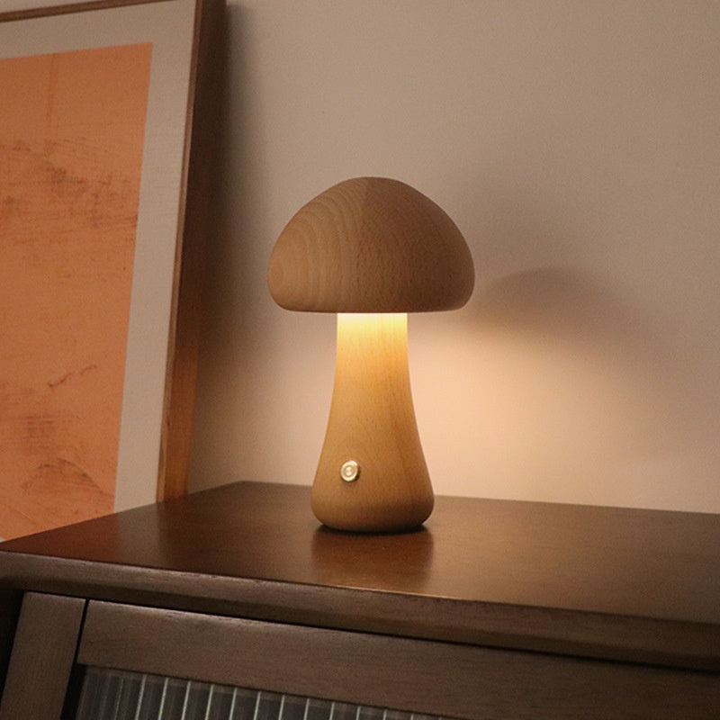 Houten Vintage Paddenstoel Tafellamp - Wooden Vintage Mushroom Table Lamp