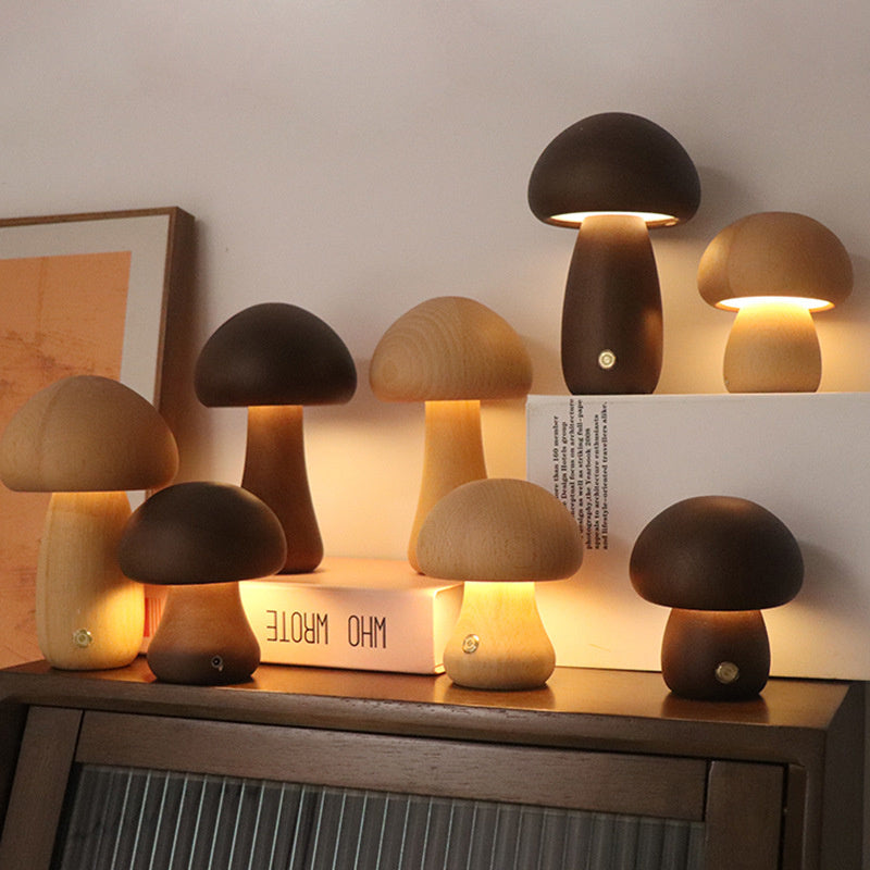 Houten Vintage Paddenstoel Tafellamp - Wooden Vintage Mushroom Table Lamp