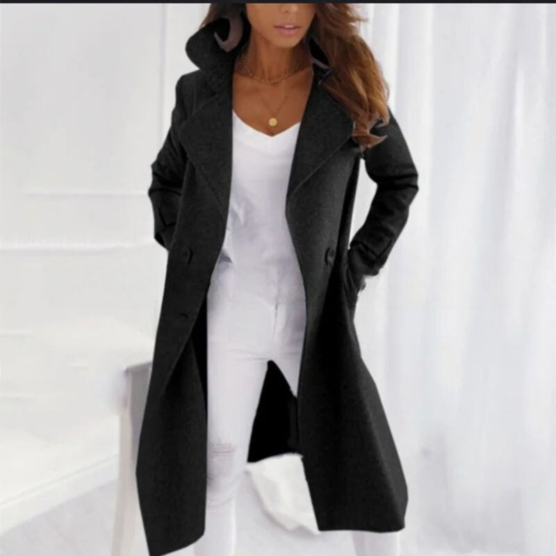 ISABELLA - elegante lange jas met omgeslagen kraag - Zwart / S - Women Winter Coats & Jackets