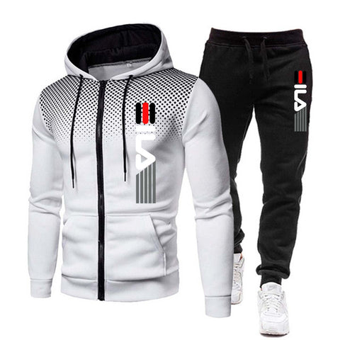 Sportief wit hoodie en zwarte sweatpants set van hoge kwaliteit, James™ heren trainingspak.