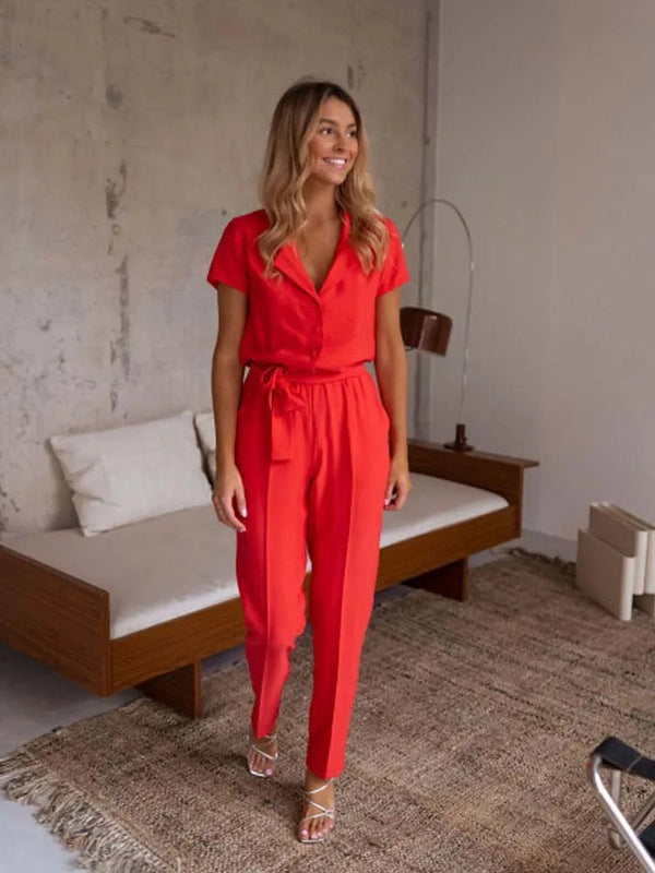 Jumpsuit - Elegante Casual - V-hals en Riem - Geschikt voor Casual en Semi-Formele Gelegenheden - Rood / S - Dresses >