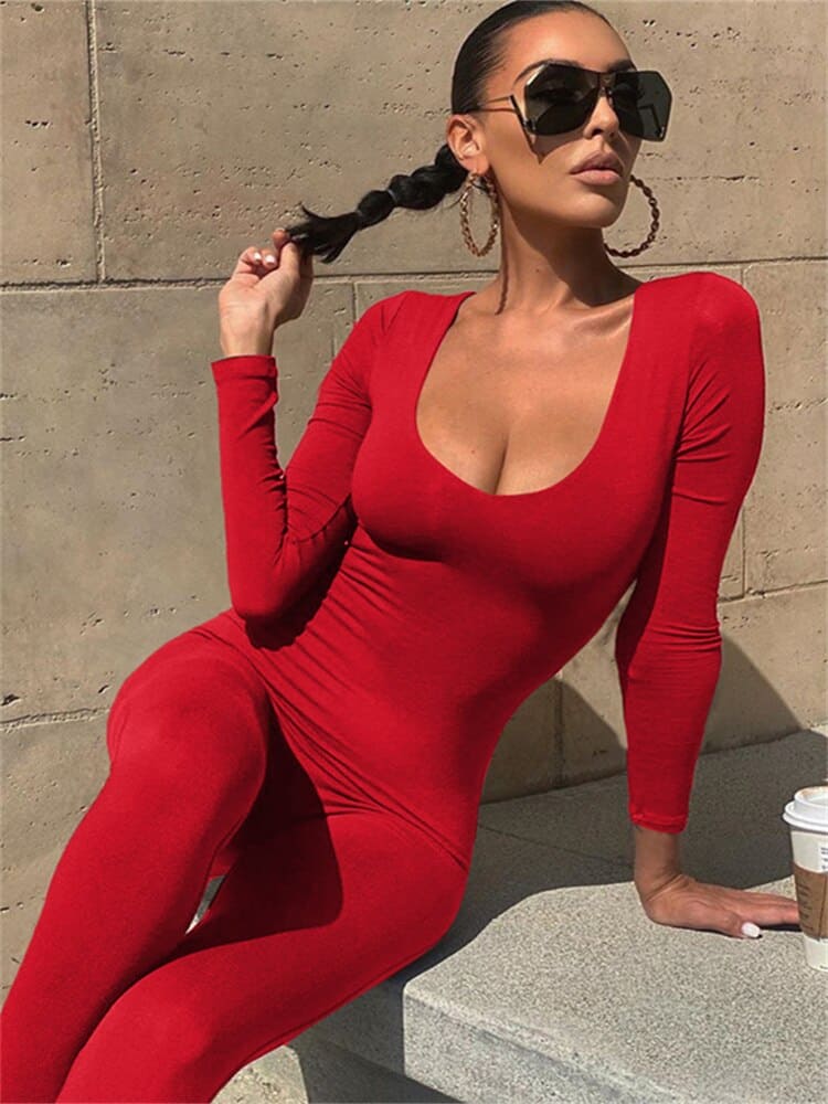 Jumpsuit - Naadloze Body - Diepe Ronde Halslijn 95% Polyester - Perfect voor Elke Seizoen - Rood / S - Dames Jumpsuits