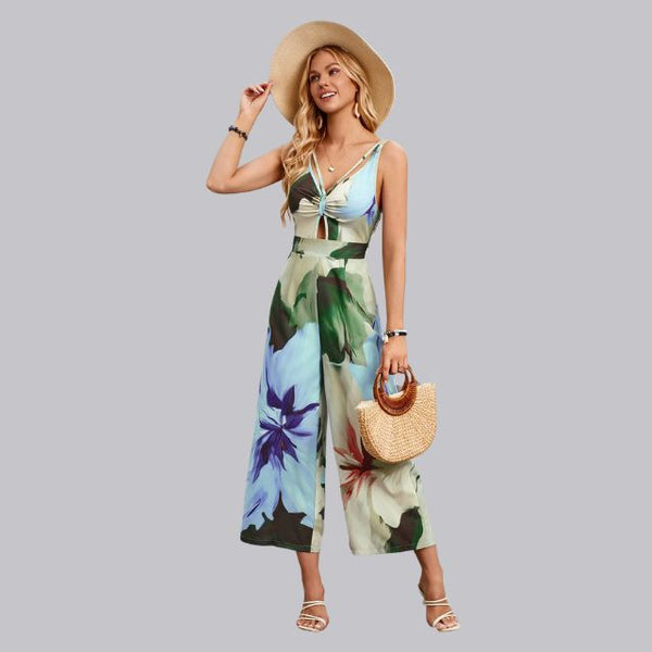 Jumpsuit - Tropische Print - Stof met Cut-out Details - Perfect voor Zomerse Brunch - Blauw / XS - Dresses