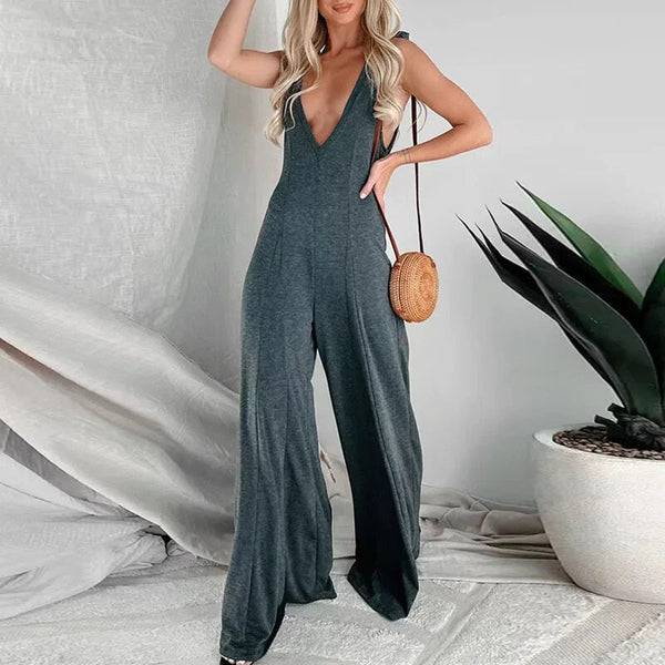 Jumpsuit - Verona - Diepe V-hals Wijde Pijpen Polyester/Katoen - Ideaal voor Lente en Zomer - Grijs / XS - Dames