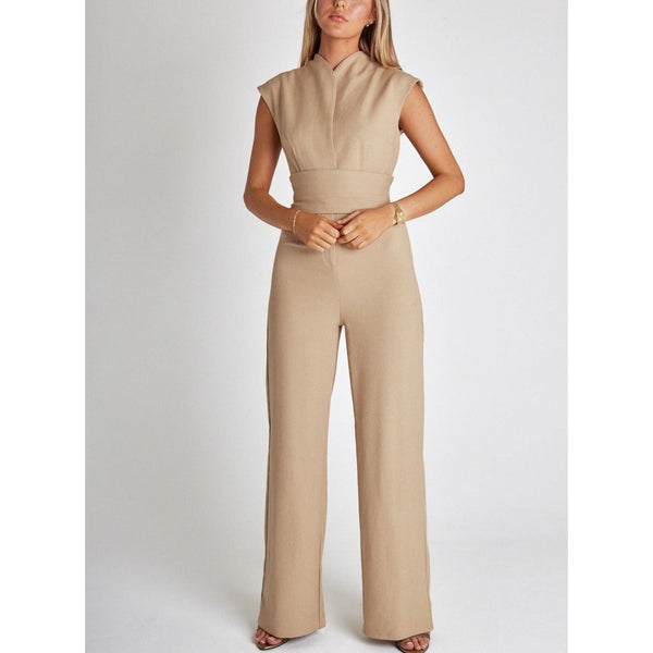 Jumpsuit - Wijde Pijpen - Hoogwaardige Stof Flatterende Pasvorm - Perfect voor Avondfeesten - Beige / S - Dames