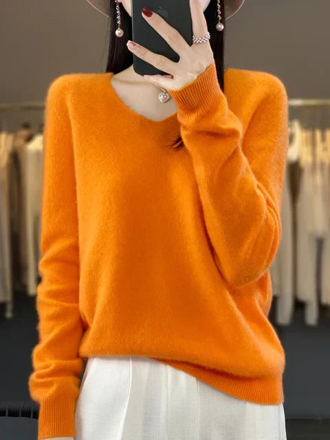 Kasjmier Trui - V-hals - Groen - Luxe Comfort voor Lente en Herfst - Oranje / S - Damesmode > Truien > Kasjmiertruien