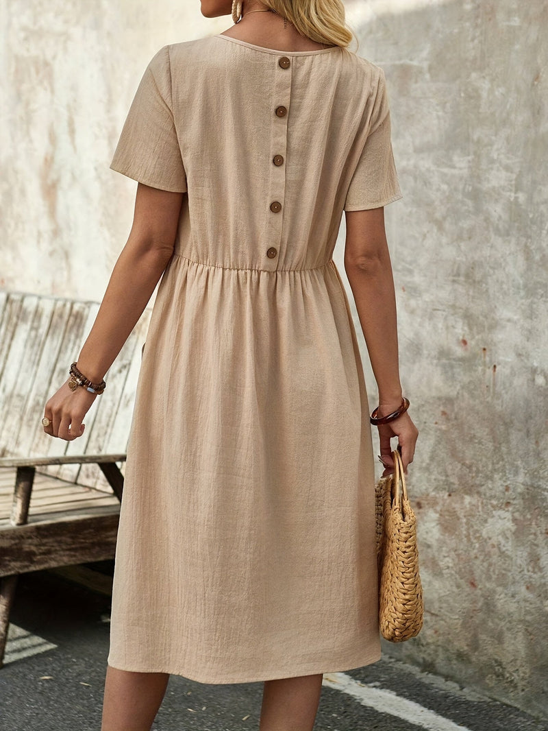 Knoopjurk - Tijdloos Elegantie - Beige Linnen - Perfect voor Zomeruitjes - S(36) - Dresses