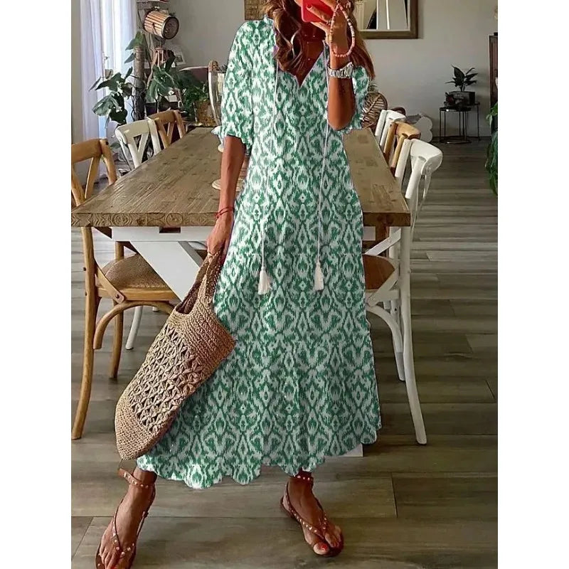 Maxi-jurk - Blauw-wit Patroon - Lichtgewicht Losse Pasvorm Ademend Materiaal - Perfect voor de Zomer - Groen / S - Maxi