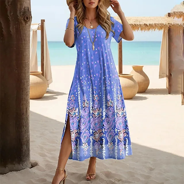 Maxi-jurk - Bloemenprint - Blauw Ademend Materiaal Zijsplitten - Ideaal voor Zomerse Gelegenheden - Blauw / S - Maxi