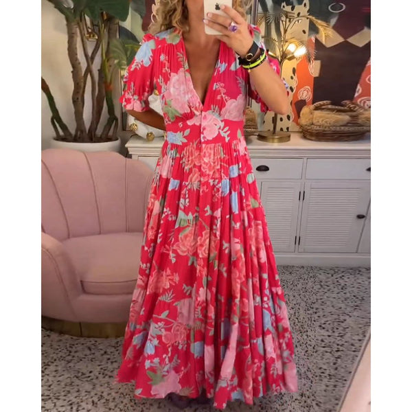 Maxi Jurk - Bloemenprint - Katoenmix V-hals Pofmouwen - Perfect voor Vakantie en Lente-Zomer - ROOD / S - Dresses