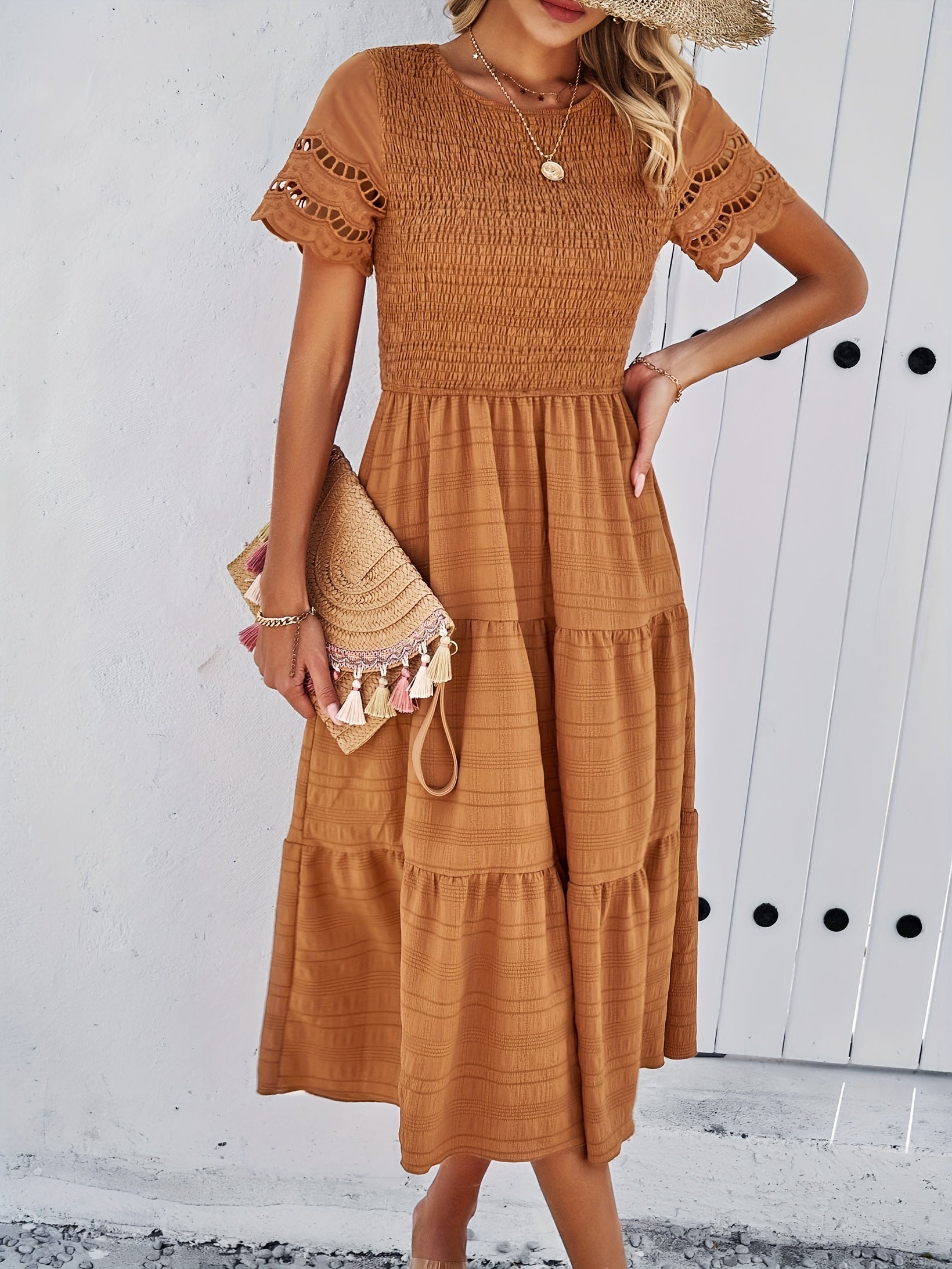 Maxi-jurk - Boho Collectie - Bruin Katoen met Kanten Details - Perfect voor Zomeravonden