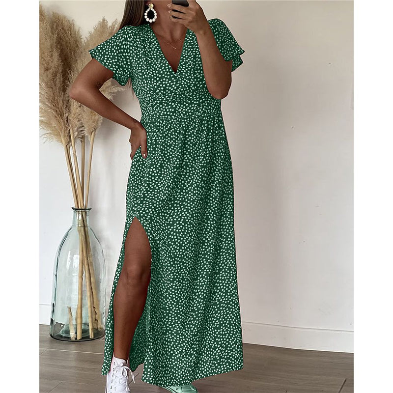 Maxi Jurk - Casual - V-hals met Ruches - Perfect voor Lente en Zomer - GROEN / S - Dresses