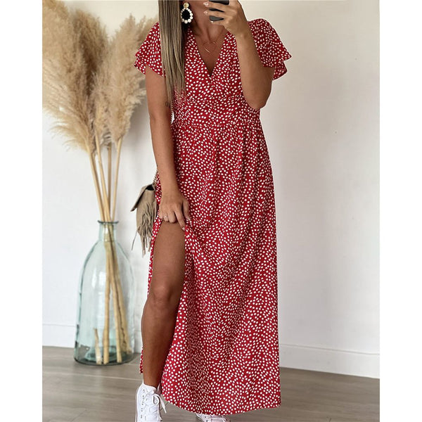 Maxi Jurk - Casual - V-hals met Ruches - Perfect voor Lente en Zomer - ROOD / S - Dresses