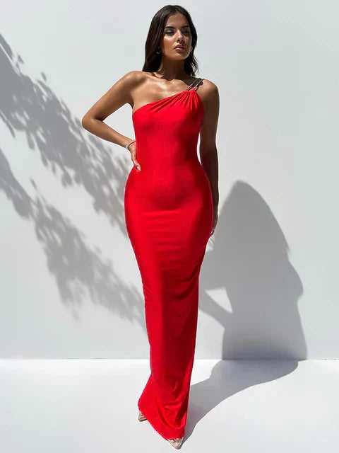 Maxi Jurk - Eén Schouder - Blauwe Kleur - Ideaal voor Feestelijke Avonden - Rood / S - Dresses > Evening Dresses