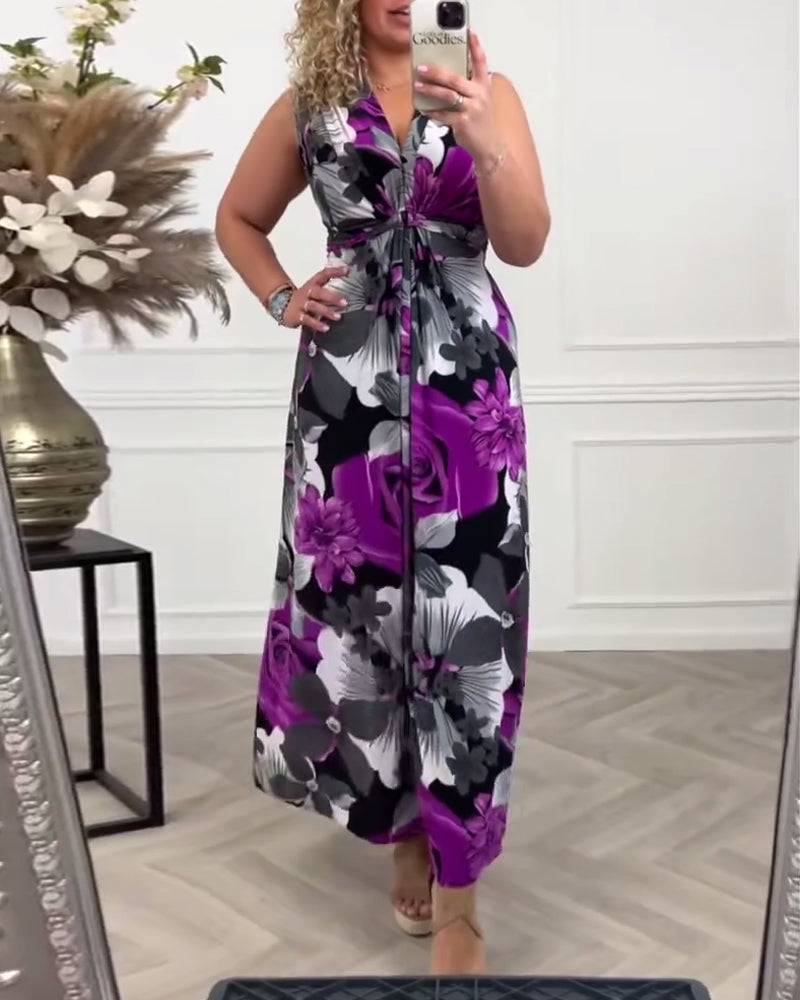 Maxi Jurk - Elegant - Katoenmix Bloemenprint Geplooid - Ideaal voor Zomerse Dagen - Dresses