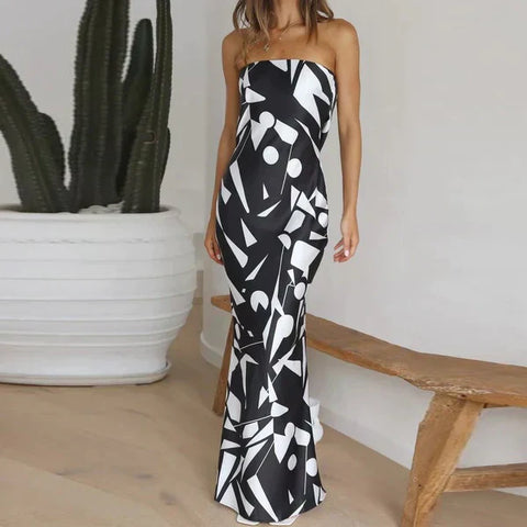 Maxi Jurk - Geometrische Print - Zwart-Wit Lichtgewicht - Perfect voor Zomerse Evenementen