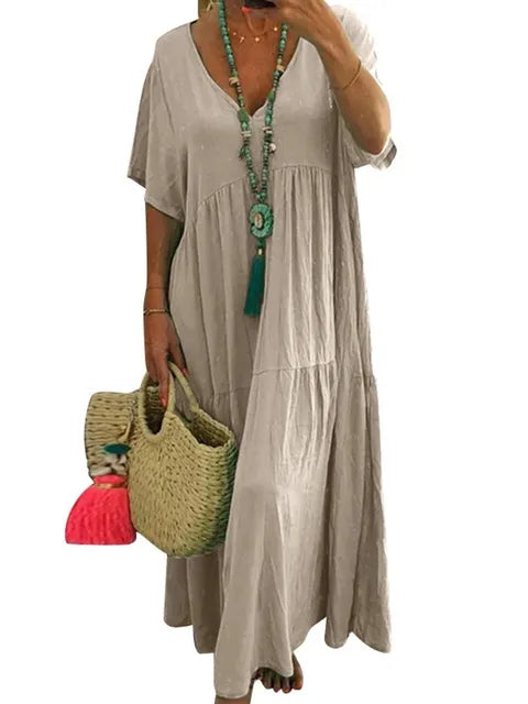 Maxi Jurk - Luchtige Elegantie - Beige Katoenmix - Perfect voor de Zomer - Beige / S - Dresses