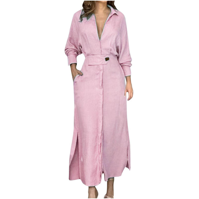 Maxi Jurk - Slim Fit - Katoenmix Diepe V-hals Lange Mouwen - Perfect voor Speciale Gelegenheden - ROZE / S - Dresses