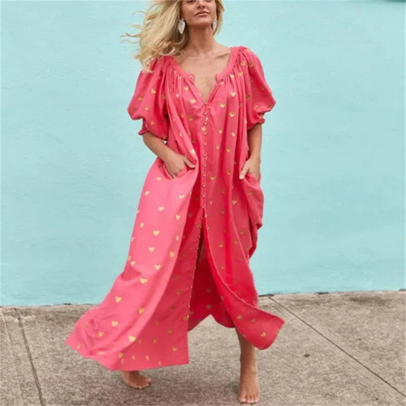 Maxi Tuniekjurk - Eloise - Pofmouwen en Hartmotieven - Zomer - Dresses