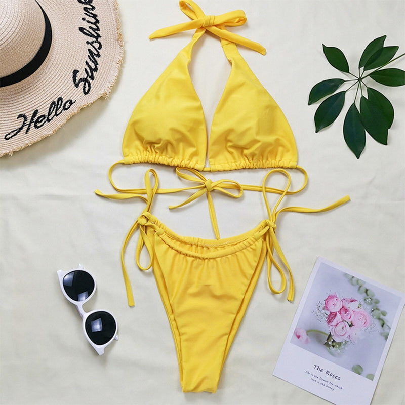 Micro Bikini Set - Lena - Geel met Print - Perfect voor Zomer Stranddagen - Bikinis