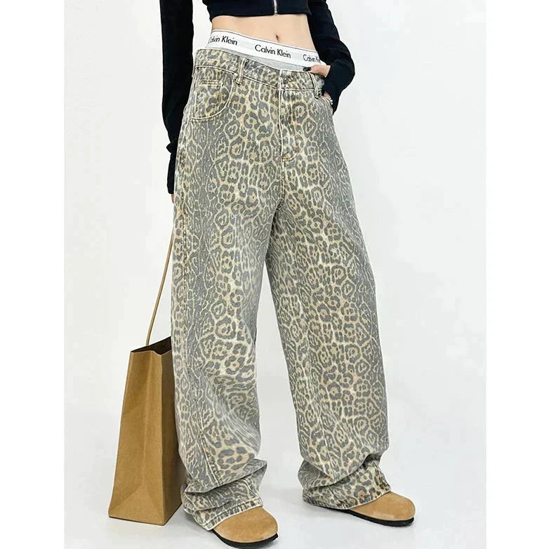 Mid-Waist Loose Jeans - Leopard Patroon - Zachter Materiaal Losse Pasvorm - Ideaal voor Dagelijks Gebruik - Women’s