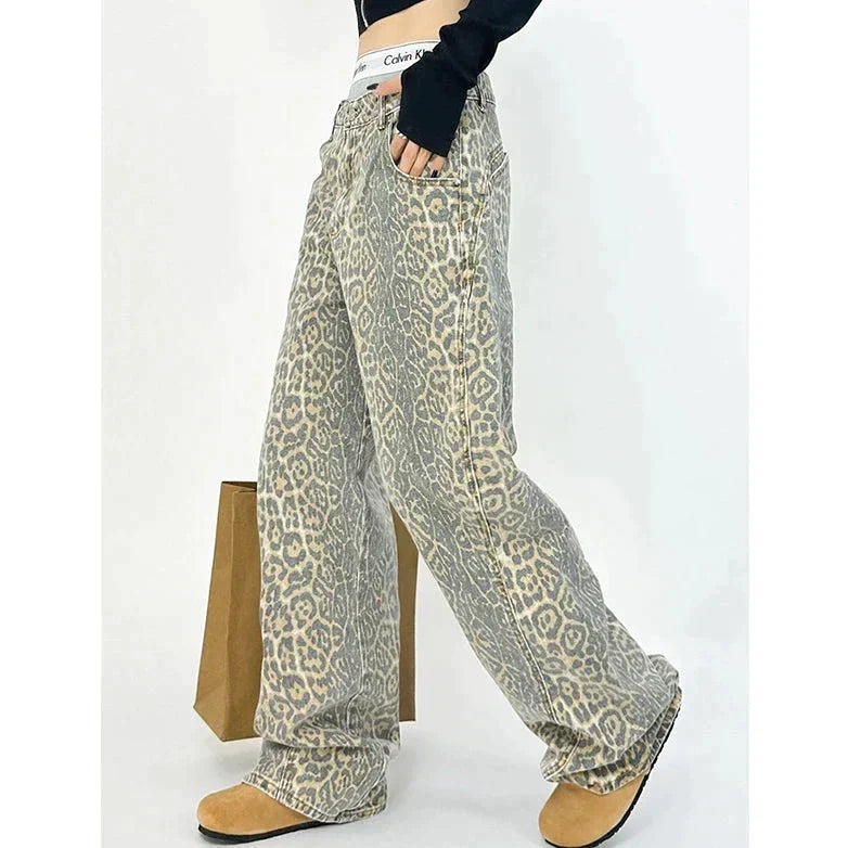 Mid-Waist Loose Jeans - Leopard Patroon - Zachter Materiaal Losse Pasvorm - Ideaal voor Dagelijks Gebruik - Women’s