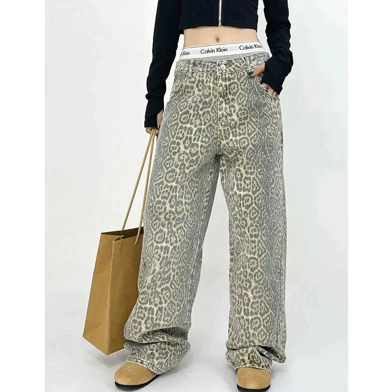 Mid-Waist Loose Jeans - Leopard Patroon - Zachter Materiaal Losse Pasvorm - Ideaal voor Dagelijks Gebruik - Wit / S