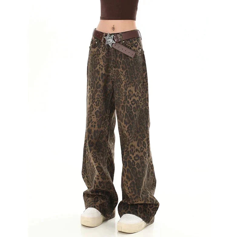 Mid-Waist Loose Jeans - Leopard Patroon - Zachter Materiaal Losse Pasvorm - Ideaal voor Dagelijks Gebruik - Bruin / S