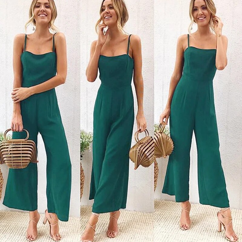 Mouwloze Jumpsuit - Azura - Wijde Pijpen Spaghetti Bandjes Polyester - Geschikt voor Alle Seizoenen - Groen / S