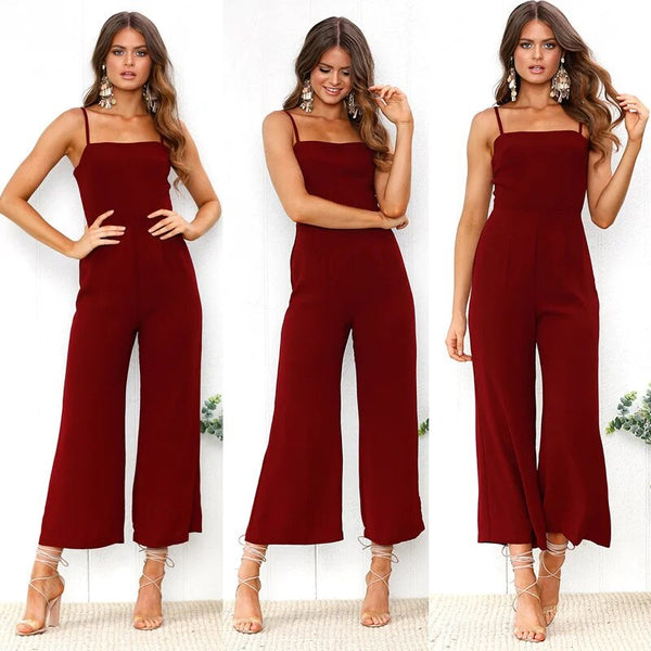 Mouwloze Jumpsuit - Azura - Wijde Pijpen Spaghetti Bandjes Polyester - Geschikt voor Alle Seizoenen - Rood / S - Dresses