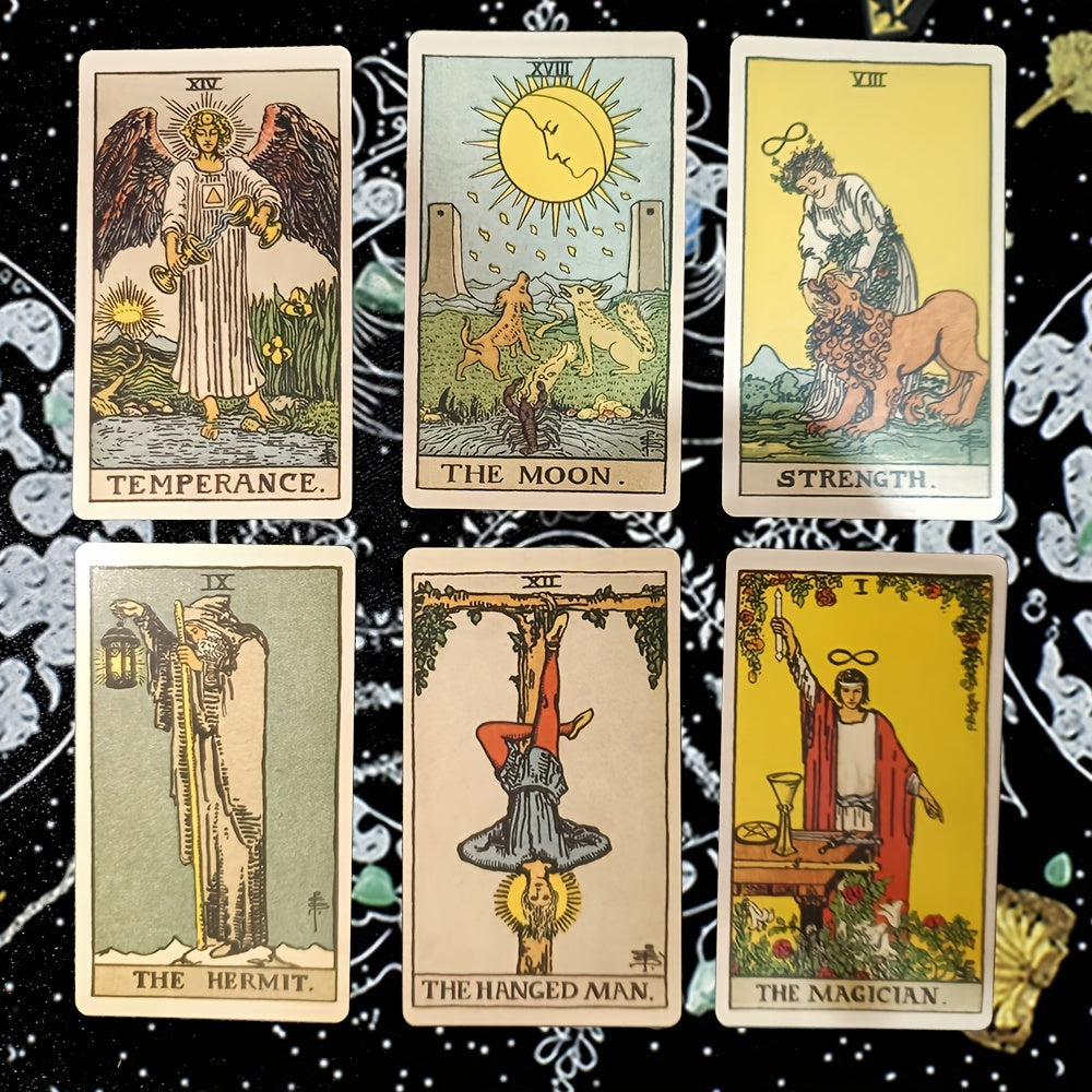 Zes MysticTarot Klassieke Tarotkaarten in twee rijen met symbolische afbeeldingen.