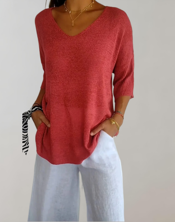 Ophelia | Losvallende gebreide top met V-hals en 3/4 mouwen - Rood / S - Tops