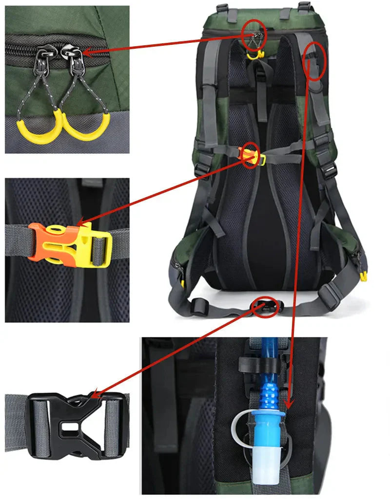 Hiking backpack close-up of safety features and attachments OutdoorHaven 60L Waterdicht.