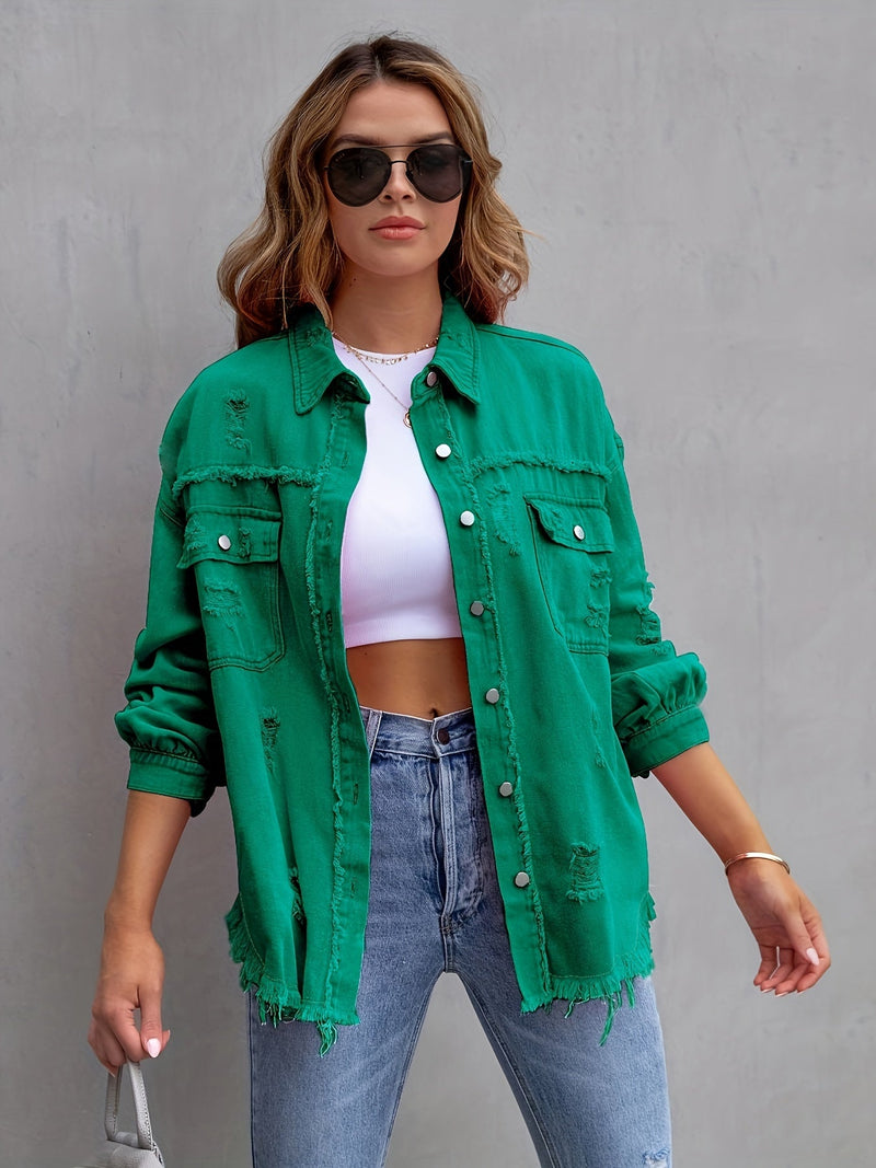 Oversized Denim Jasje - Boho - Niet-elastisch Effen kleur Knoopsluiting - Ideaal voor Alle Seizoenen - Groen / 0XL