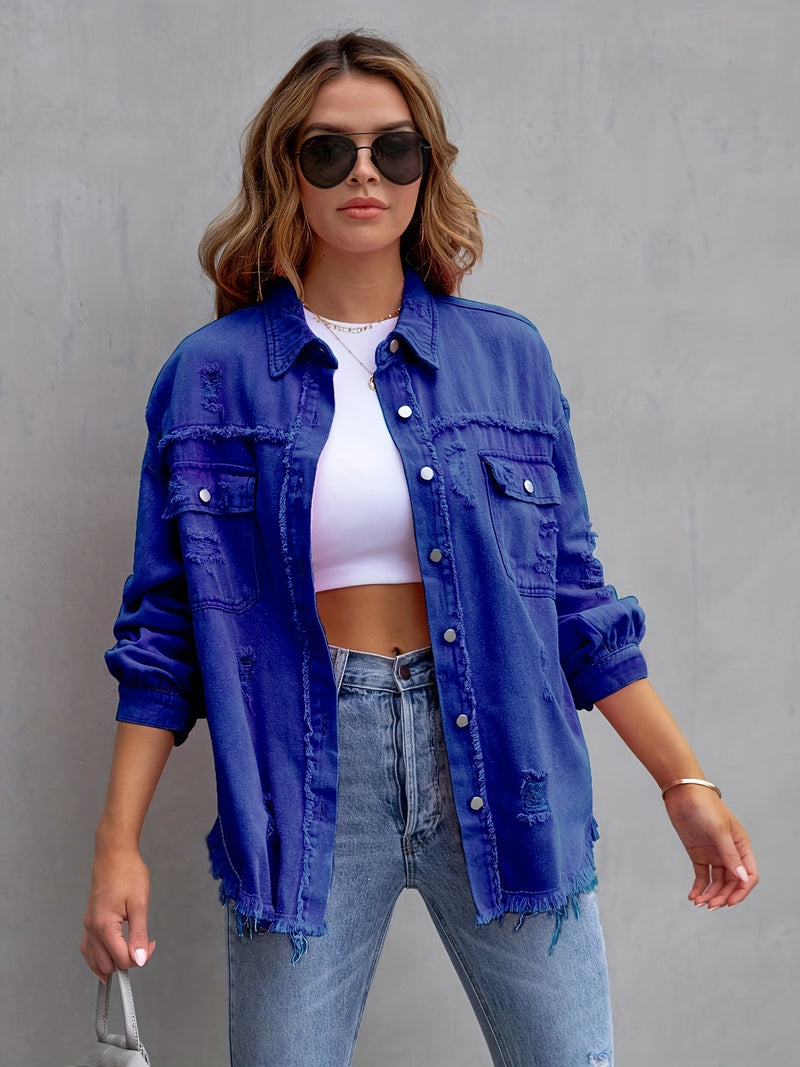 Oversized Denim Jasje - Boho - Niet-elastisch Effen kleur Knoopsluiting - Ideaal voor Alle Seizoenen - Blauw / 0XL