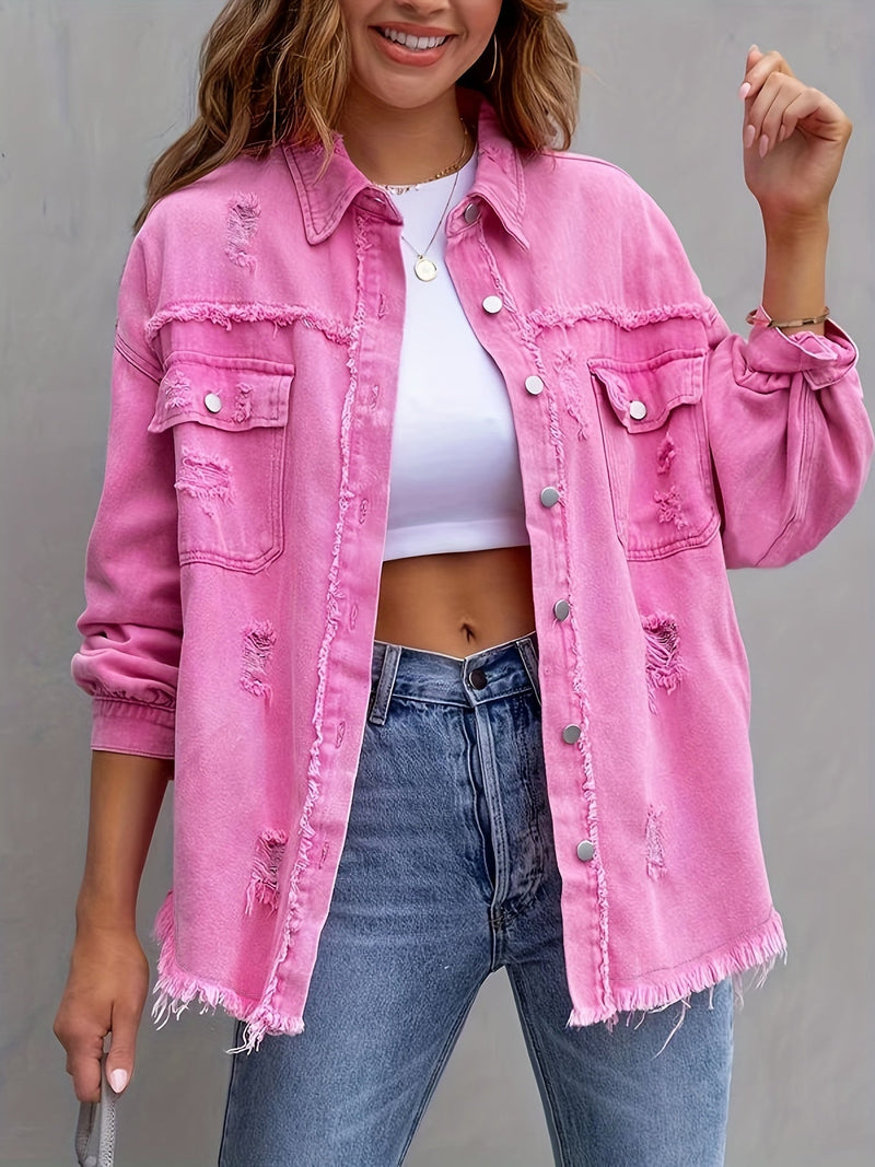 Oversized Denim Jasje - Boho - Niet-elastisch Effen kleur Knoopsluiting - Ideaal voor Alle Seizoenen - Roze / 0XL