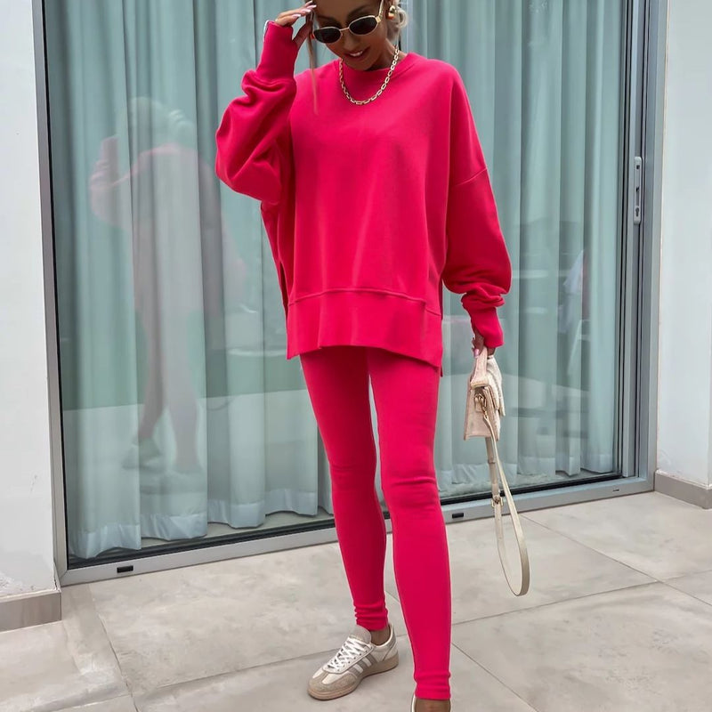 Oversized Sweatshirt- en Leggingset - Gezellig - Roze Polyester Comfortabel - Ideaal voor Luie Dagen - Loungewear