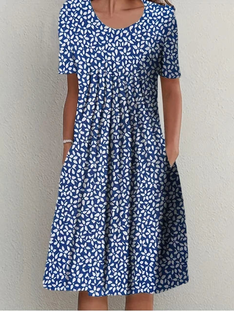 Polka Dot Jurk - Elegant - Blauw Zachte Stof Ontspannen Pasvorm - Perfect voor Vrije Tijd