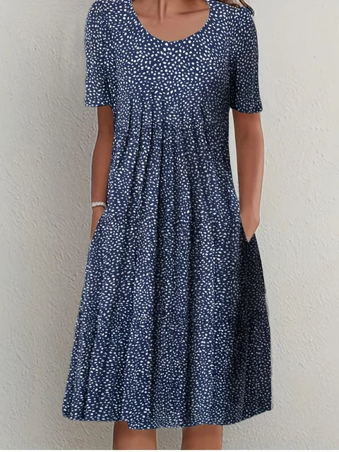 Polka Dot Jurk - Elegant - Blauw Zachte Stof Ontspannen Pasvorm - Perfect voor Vrije Tijd