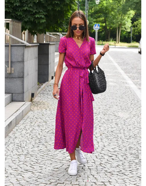 Polkadot Jurk - Elegant - Blauw Zachte Stof Flatterende Pasvorm - Perfect voor Casual Uitjes - Roze / S - Jurken