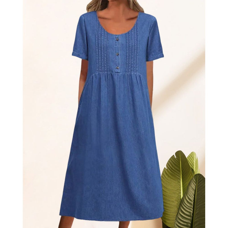 Rechte Jurk - Casual - Denim Midi Lengte Ronde Hals - Perfect voor Lente Zomer Herfst - Dresses