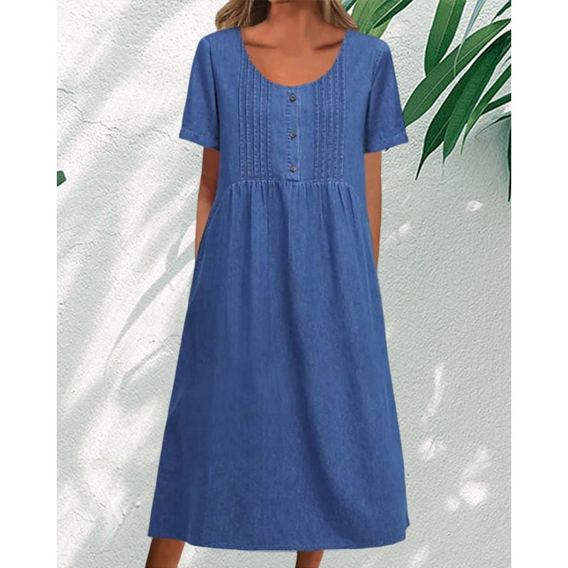 Rechte Jurk - Casual - Denim Midi Lengte Ronde Hals - Perfect voor Lente Zomer Herfst - Dresses