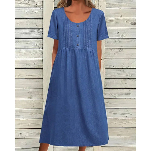 Rechte Jurk - Casual - Denim Midi Lengte Ronde Hals - Perfect voor Lente Zomer Herfst - BLAUW / S - Dresses