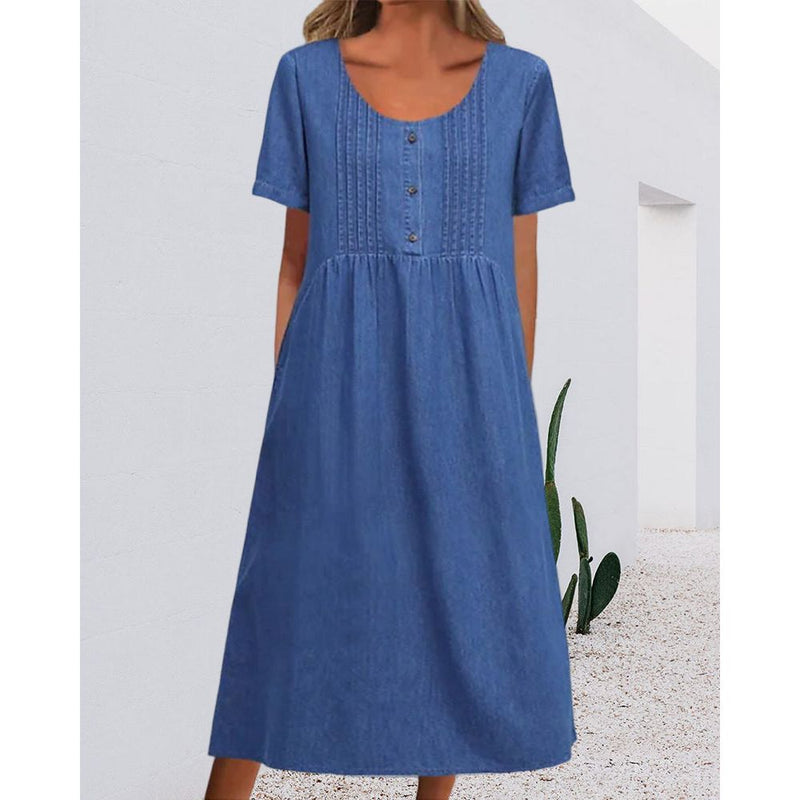 Rechte Jurk - Casual - Denim Midi Lengte Ronde Hals - Perfect voor Lente Zomer Herfst - Dresses