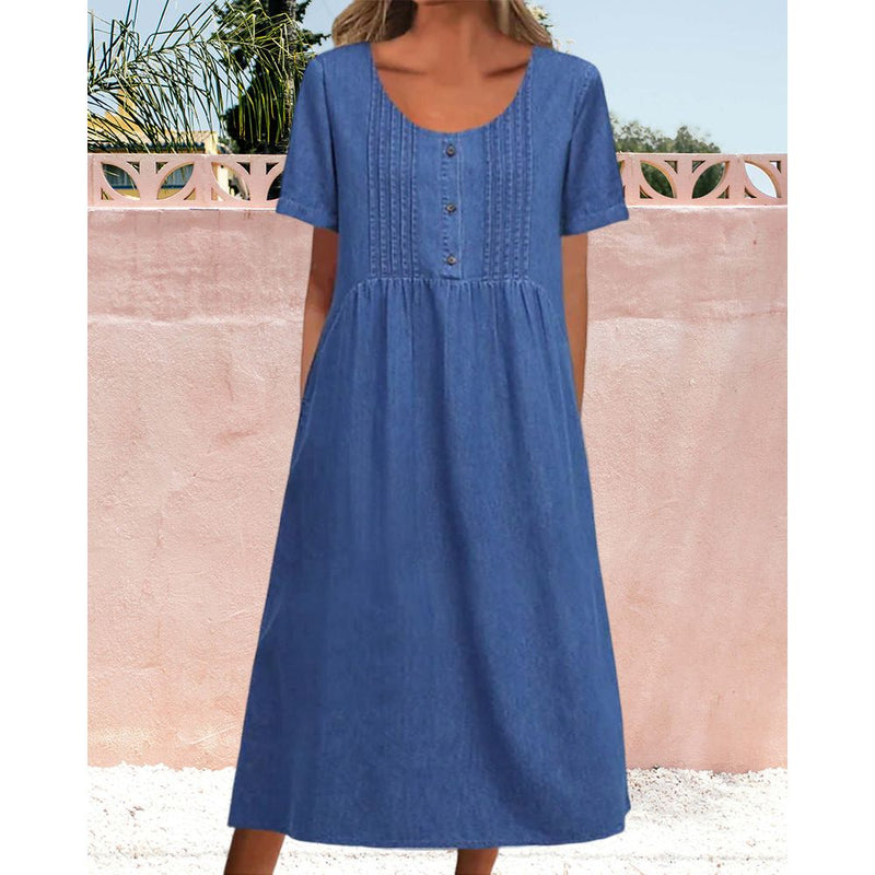 Rechte Jurk - Casual - Denim Midi Lengte Ronde Hals - Perfect voor Lente Zomer Herfst - Dresses