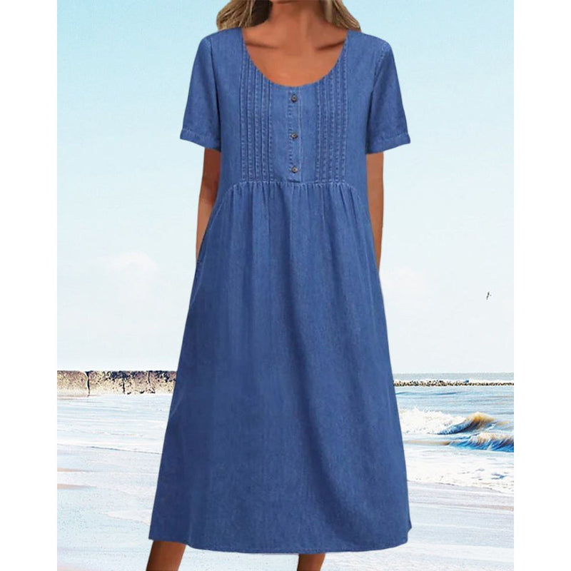 Rechte Jurk - Casual - Denim Midi Lengte Ronde Hals - Perfect voor Lente Zomer Herfst - Dresses