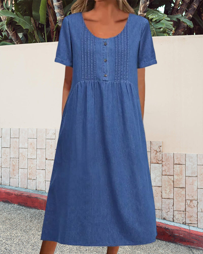 Rechte Jurk - Casual - Denim Midi Lengte Ronde Hals - Perfect voor Lente Zomer Herfst - Dresses