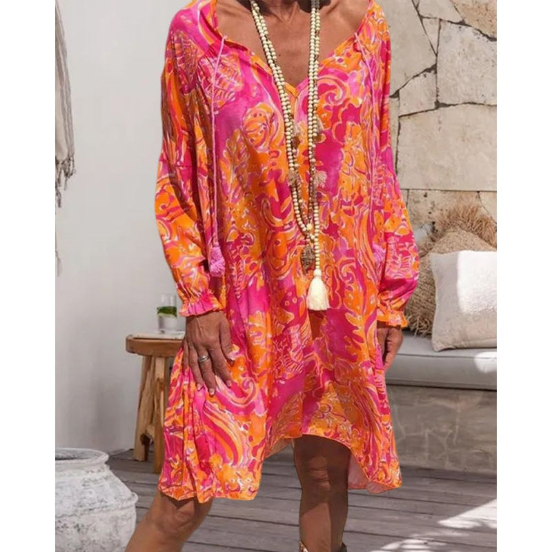 Rechte Jurk - Casual Vakantie - Katoenmix met V-hals en Print - Perfect voor Lente en Zomer - Dresses