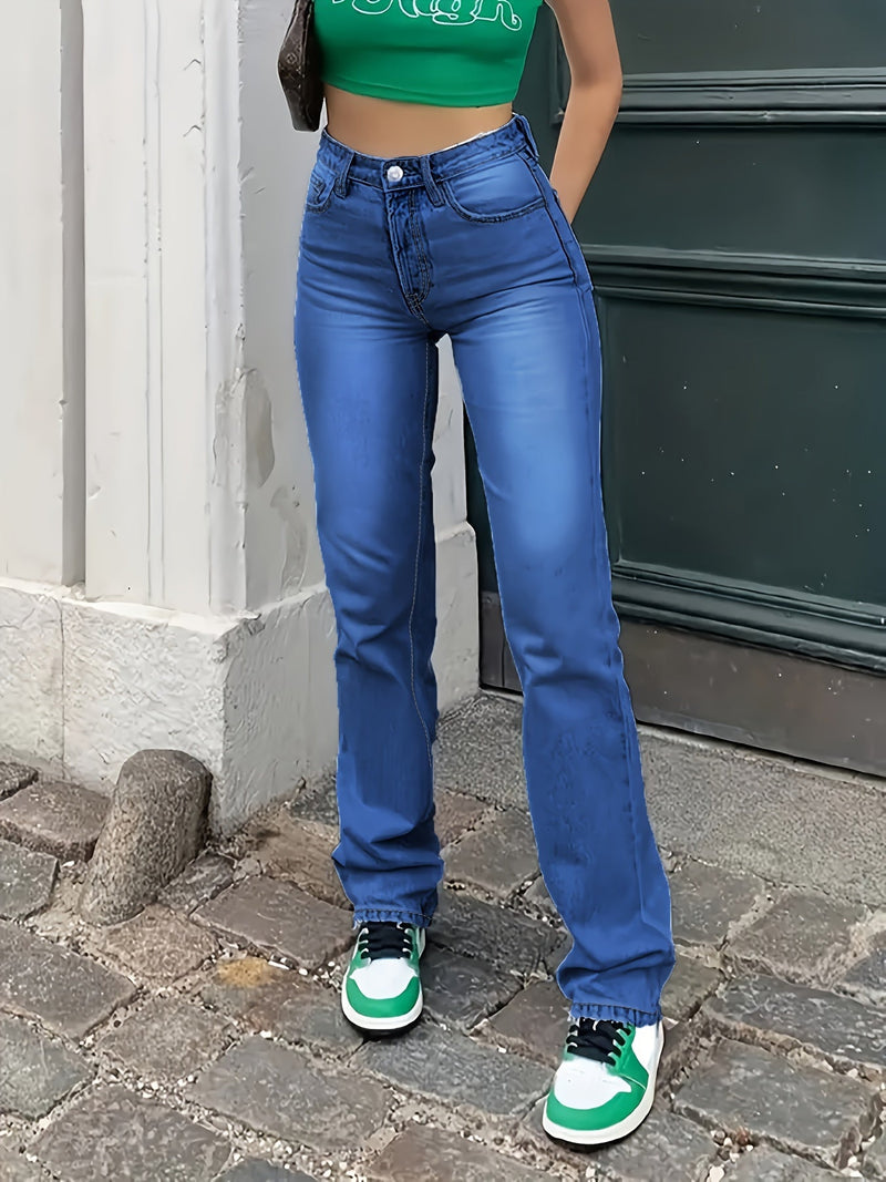 Rechte Pijpen Jeans - Casual - Hoog Stretchgehalte Effen Kleur - Geschikt voor Alle Seizoenen - Middelblauw / XS