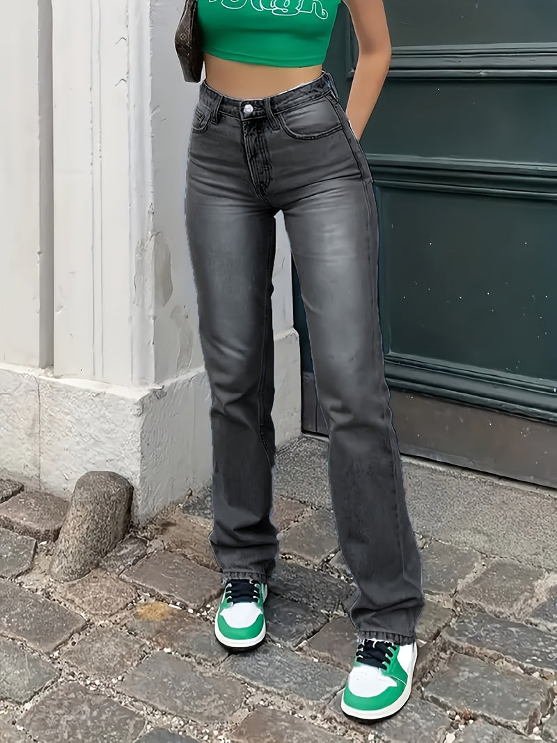 Rechte Pijpen Jeans - Casual - Hoog Stretchgehalte Effen Kleur - Geschikt voor Alle Seizoenen - Donkergrijs / XS